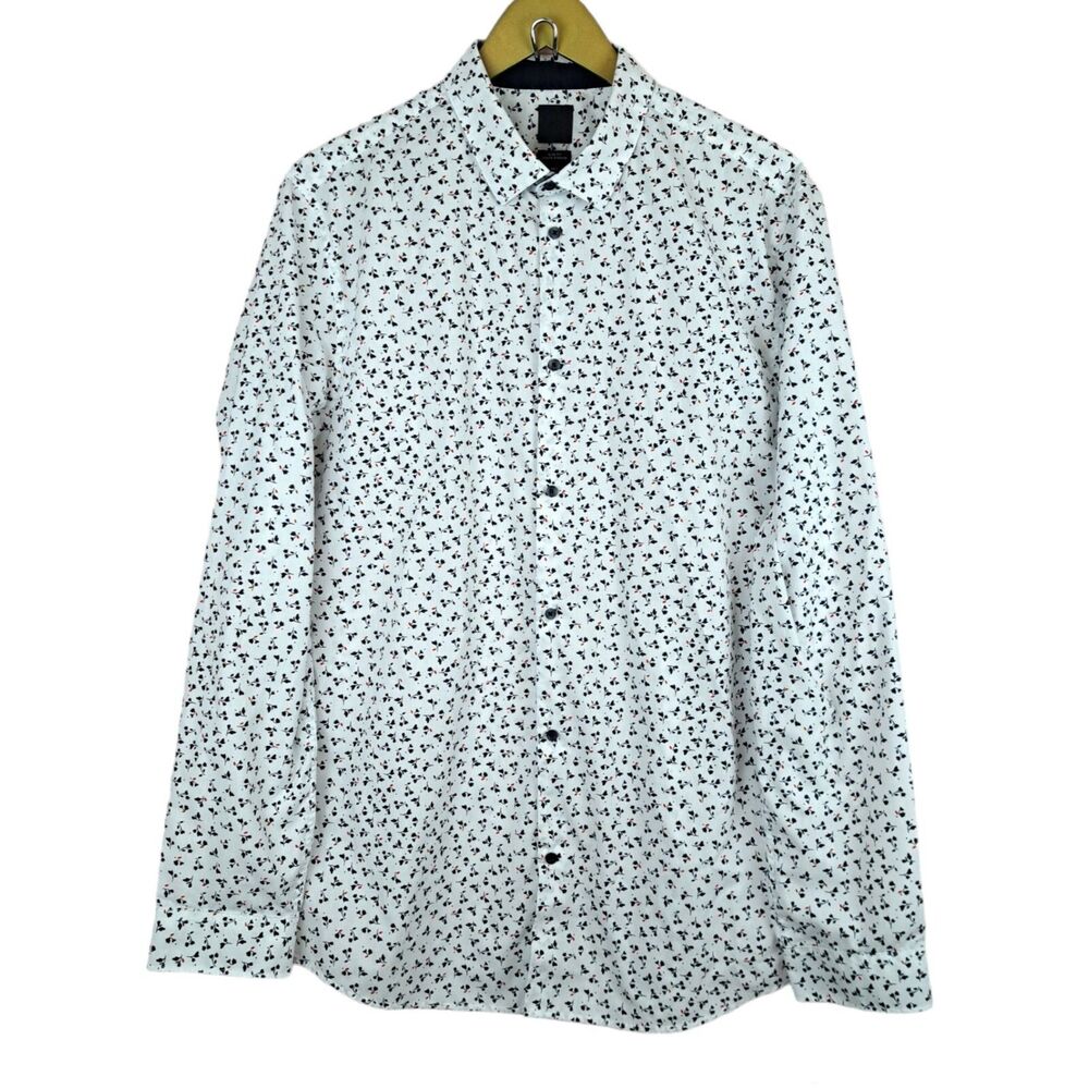 H&M Men Button Up Shirt White Long Sleeve Floral Pattern Size L Slim Fit